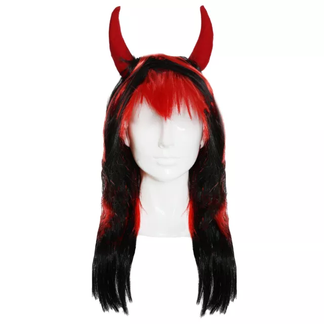 Ladies Devil Fancy Dress Costume Red Black With Wig Horns Halloween Costume