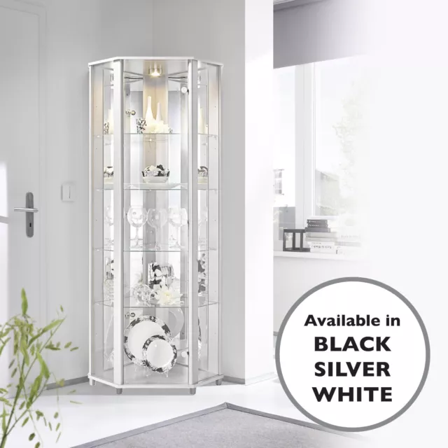 HOME Glass Display Cabinet Corner White 4 Shelves Mirror & Light