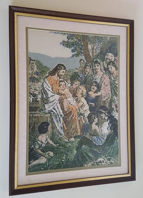 Tapiz hecho a mano religioso Jesús punto de cruz lana enmarcado trabajo