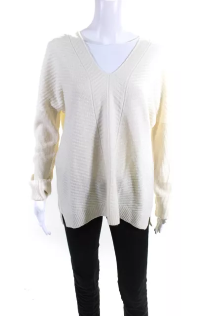 Vince Womens Wool Cable-Knit Long Sleeve V-Neck Sweater Top Ivory White Size M