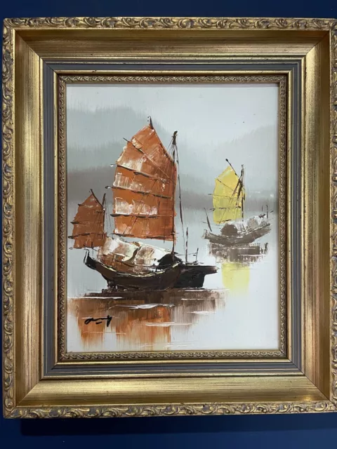 Vintage Oil Painting of Chinese Junk Boats Framed and Signed