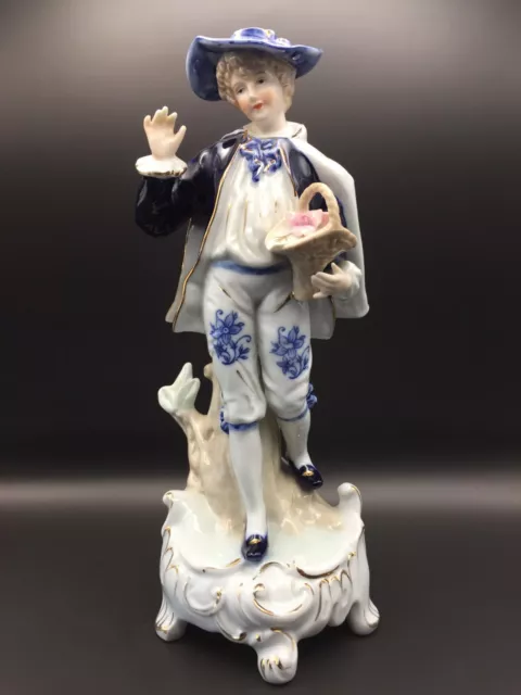 Young Man Boy - Large Blue & White Gilded Porcelain Figurine 25.5cm