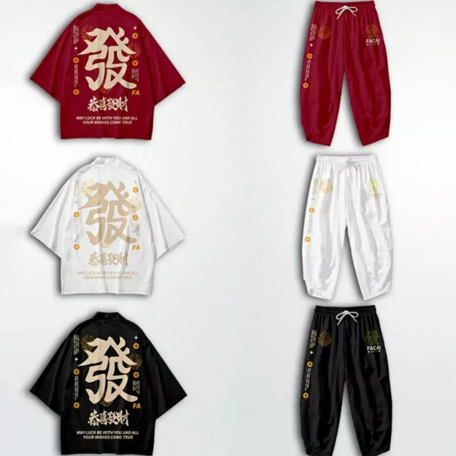 Uomo Kimono Cappotto Yukata Giacca Top Pantaloni Set Casual Stile Cinese