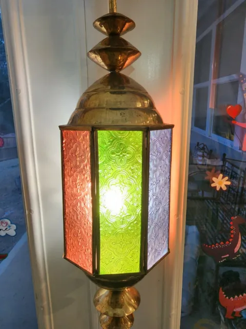 MCM Vintage Brass W/Multicolor Etched Glass Moroccan Style Pendant Hanging Light