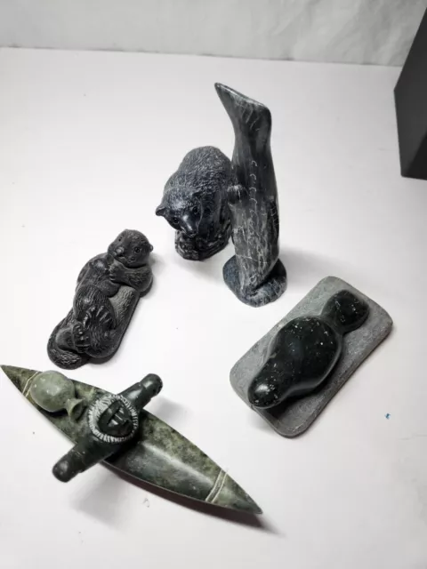 SOAPSTONE INUIT CARVED FIGURINES- Eskimo, Bear, Beaver, Fish, Seal Alaska