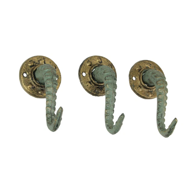 Zeckos Set of 3 Verdigris Bronze Cast Iron Octopus Tentacle Wall Hook Decor