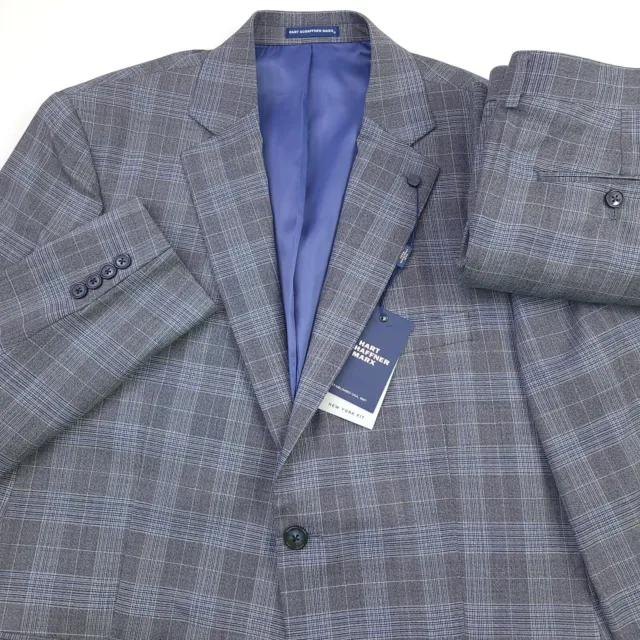 $895 Hart Schaffner Marx Gray & Blue Plaid Wool Suit HSM Mens Size 42R X 36