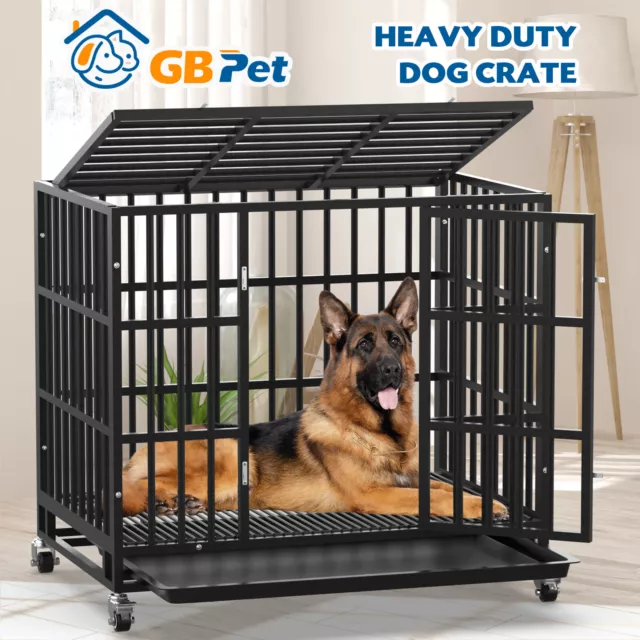 38 Inch Dog Crate Metal Pet Cage Heavy Duty Portable Kennel House Wheels w/ Tray