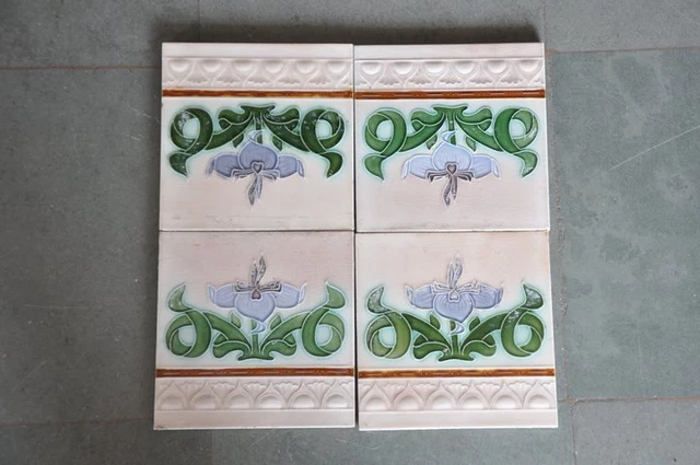 4 Pc Floral Design Majolica Decorative Art Nouveau Architecture Tiles , Japan