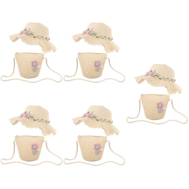 5 sets beach straw hats Kid Girls Beach Prew Hat With Sac Flower Sun Cap Summer