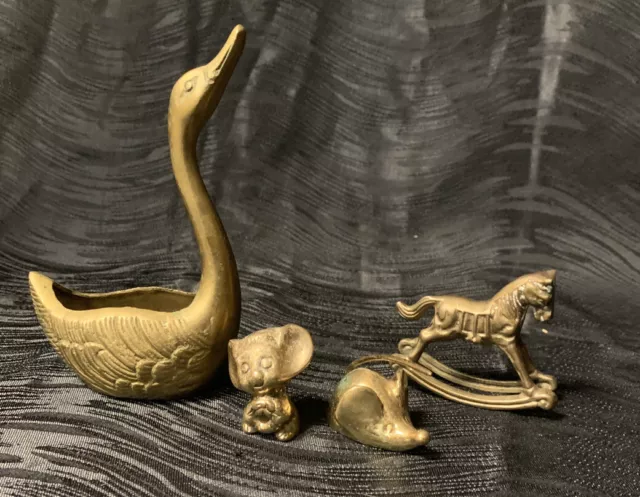 Lot of 4 Miniature Solid Brass Metal Animal Figurines - Swan Mouse Rocking Horse