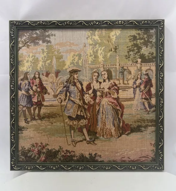 Vintage French Victorian Scene Tapestry Wall Art Muted Colors Green Gold Frame