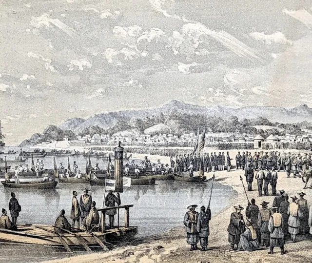 1856 Yokosuka Kurihama Port Japan Lithograph View Landscape Wilhelm Heine