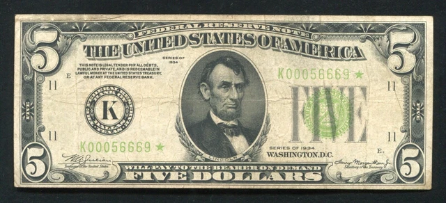 Fr. 1955-K* 1934 $5 *Star* Lgs Light Green Seal Frn Dallas, Tx Very Fine *Rare*