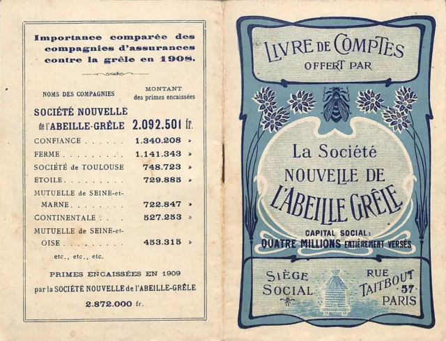 Paris ( Rue Taitbout ) L'abeille Grele Assurance / Livre De Compte / Menus 1911