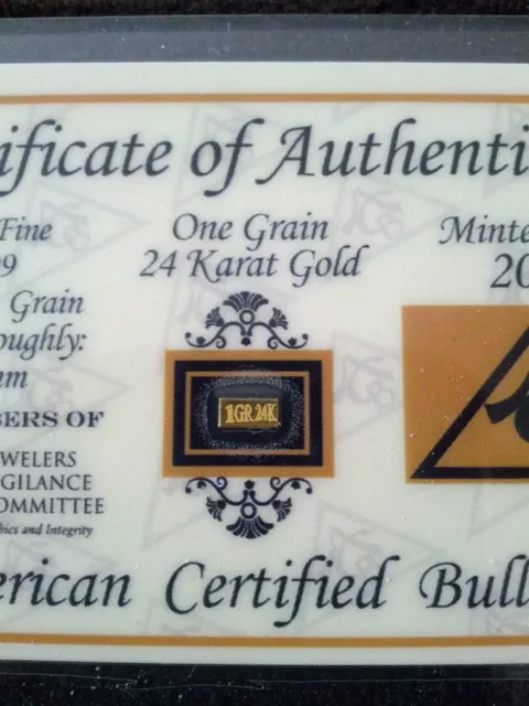 (5 Pack) 24K Solid Gold Bullion Acb Minted 1Grain Bars 99.99 Fine Certificate !