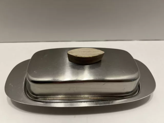 Mid Century Modern Stainless Steel Butter Dish with Glass Tray and Wooden Handle