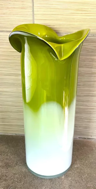 MCM Crimped/Folded Top Cylindrical Art Glass Vase - 13" Avocado and Grey