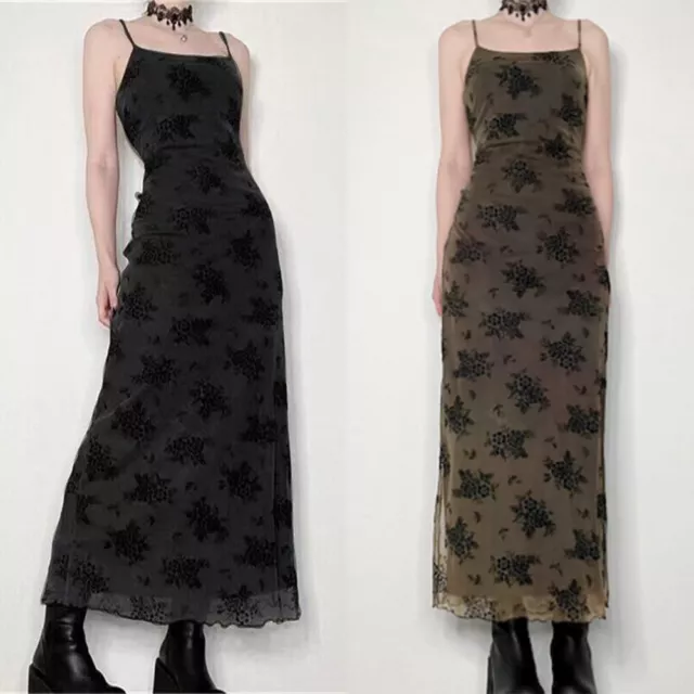 Dark Grunge Fairycore Mesh Floral Dress Vintage Slash Neck Sleeveless Maxi Dress