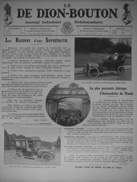 PUBLICITÉ DE PRESSE 1908 VOITURES DE DION-BOUTON 12 et 30 HP 4 CYLINDRES