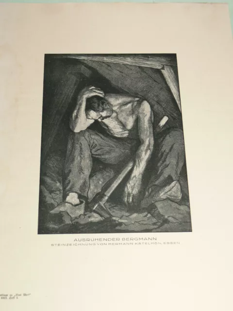 Ausruhender Bergmann - Hermann Käthelhön - Steinzeichnung - Kunstdruck - 1923