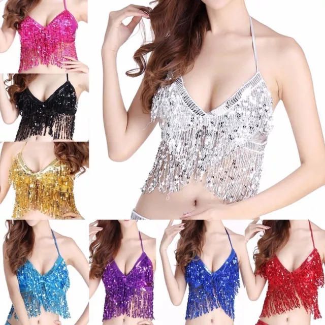 UK Belly Dance Bra Sequined Bead Top Sexy Dancing Costume Fringe BH Top Costume