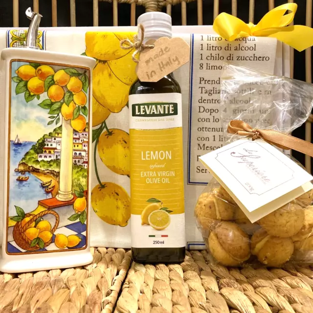 Lemon 🍋 Italian Gourmet Gift Hamper, Cruet, Oil, Biscotti, Limoncello Tea Towel
