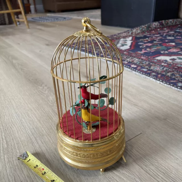 Vintage Germany Brass Cage Singing Automaton Birds Music Box,Key Wound ,2 Birds