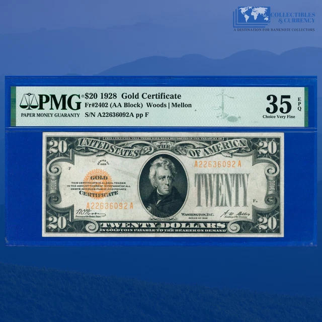 Fr.2402 1928 $20 Twenty Dollars Gold Certificate Gold Seal, PMG 35 EPQ #36092