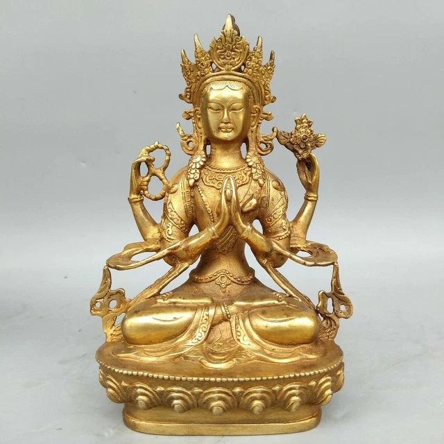 8" Chinese antique Tibet  bronze gilt four arms guanyin Buddha statue