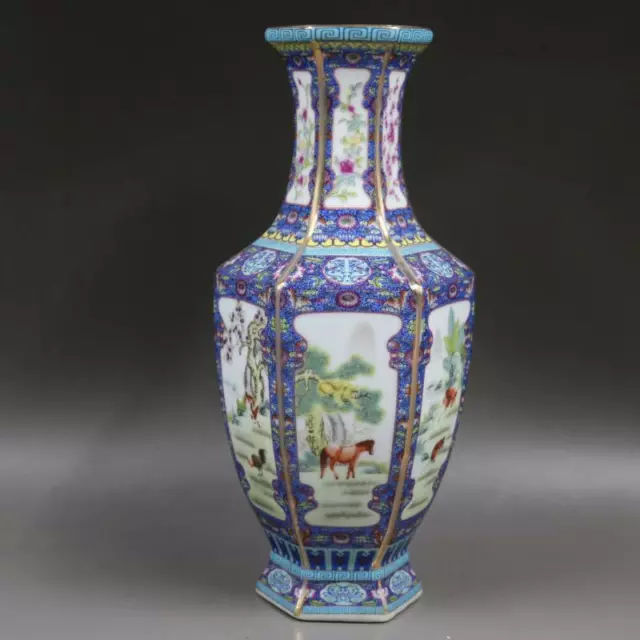 Chinese Blue Enamel Porcelain Qing Qianlong Chinese Zodiac Design Vase 11.1 inch