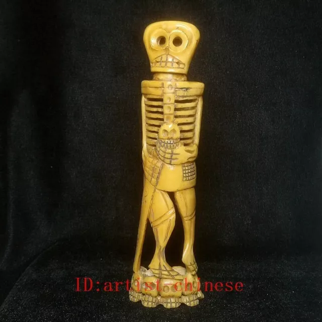H 7.3 inch Old Asian Chinese Hand Carved Skull Skeleton Statue Gift Collection