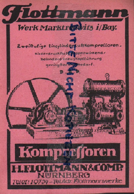 NÜRNBERG, Werbung 1925, H. Flottmann & Comp. Einzylinder Luft-Kompressoren