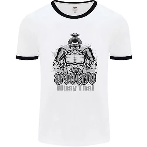 Muay Thai Boxing MMA Martial Arts Kick Mens White Ringer T-Shirt