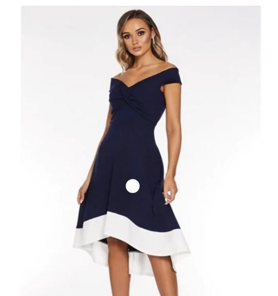 Quiz navy bardot knot front dip discount hem dress