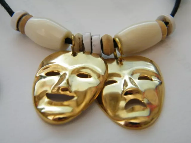 DRAMA ACTORS Necklace Tragedy Comedy Masks Theater GOLD Faces Cord 16"- 30" NEW!