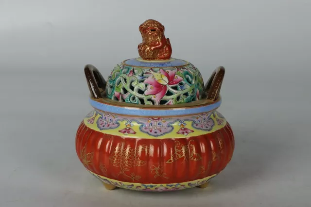 5" Old dynasty Porcelain qianlong mark famille rose flowers lion Incense Burner