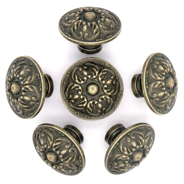 6 Pcs Vintage Antique Brass Knobs Handles Pulls with Flower Pattern for Cabinet