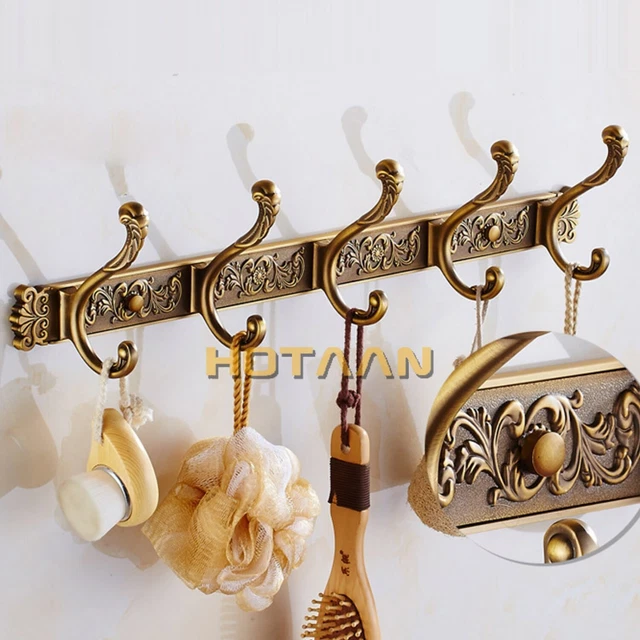 5 Hooks Clothes Hanger Bathroom Wall Mount Carved Hook Coat Rack Antique Gold