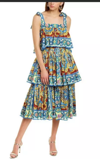 NWT Authentic Dolce&Gabbana Majolica Print Cotton Tiered Runway Dress 42/6 $3000