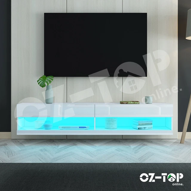 RGB LED TV Cabinet Entertainment Unit Wall Mount Stand Gloss Storage 200cm White