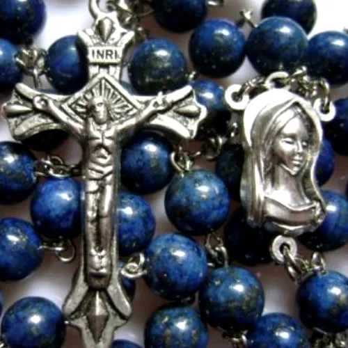 Natural Lapis lazuli bead Rosary & silver Cross medal crucifix catholic necklace