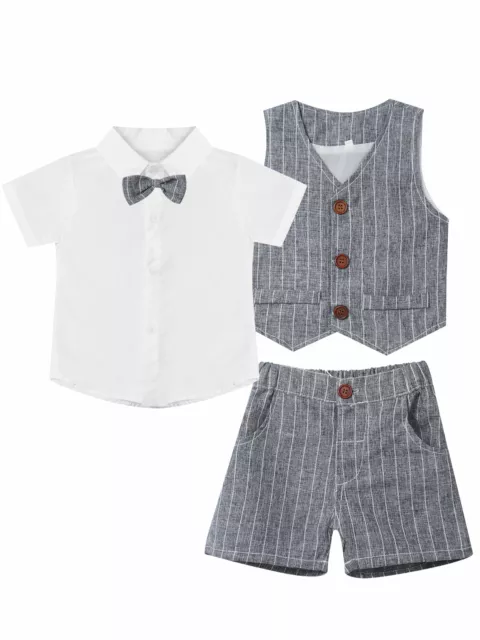 Toddler Boys Gentleman Outfits Suits Bow Tie Shirt + Shorts + Vest Clothes Set