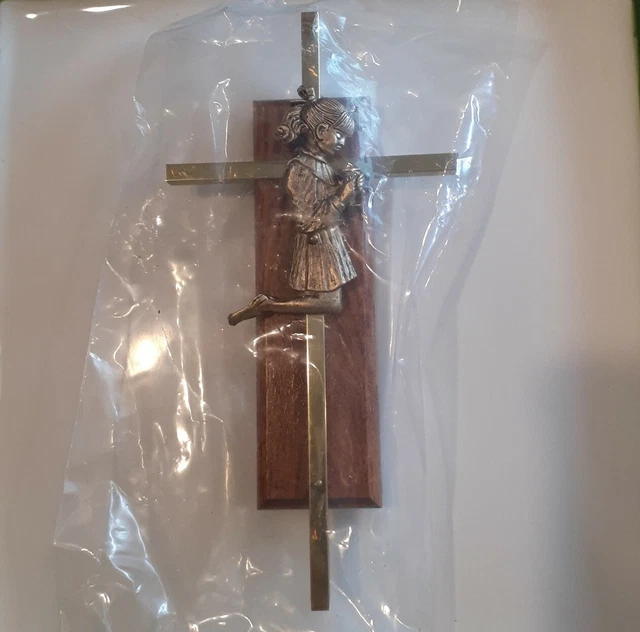 Oak Cross Brass Praying Girl Wall Hanging Christening First Communion Gift