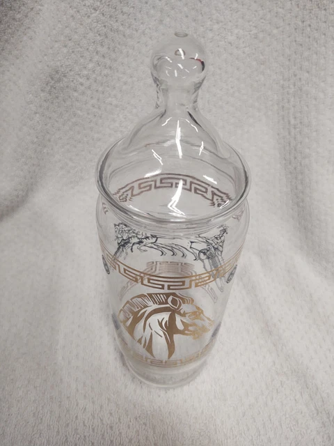 Nice GREEK HORSES & CHARIOT Glass Pillar Jar w/ Lid  Vintage  Greece
