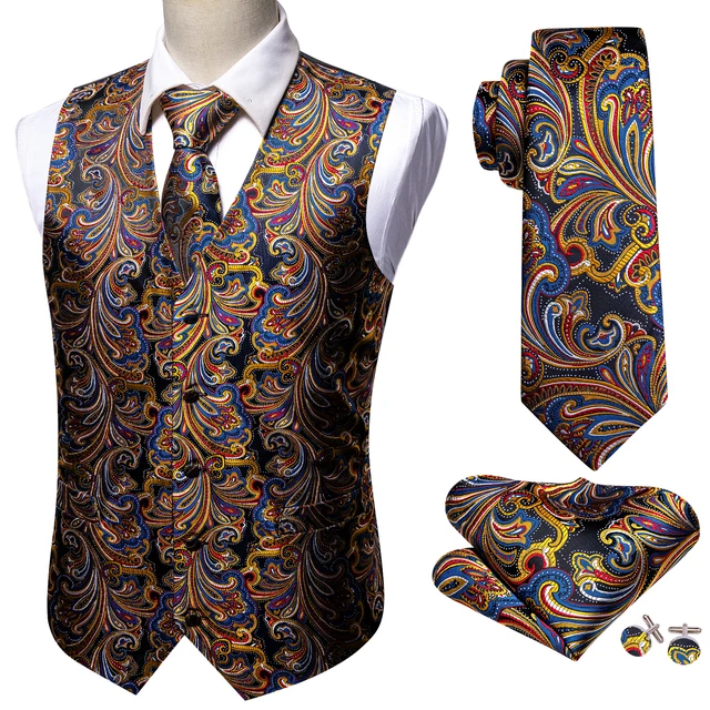 Mens Formal Wedding Waistcoat Paisley Floral Suit Vest Slim Tuxedo Silk Tie Set 3