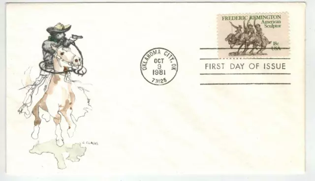 Watercolor HANDPAINTED FDC 1934 ARTIST FREDERIC REMINGTON Oklahoma Sculptor