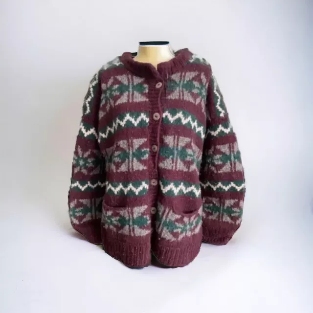 Virgen Wool Cardigan Sweater CCH Imports Buttons Heavy Thick Maroon Green White