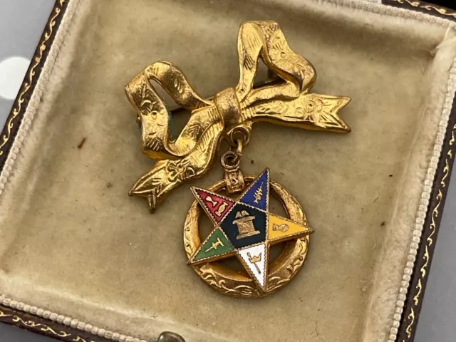 Vintage Freimaurer Medaille Medaillon Abzeichen Pin Goldton Schleife Brosche Freimaurer 3