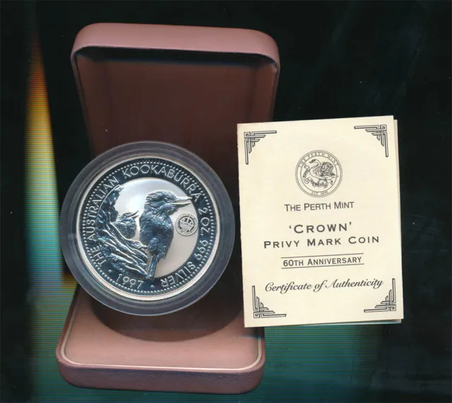 Australia: 1997 $2 2oz Silver Kookaburra 1937 Crown Privy Mark, Cased with CoA